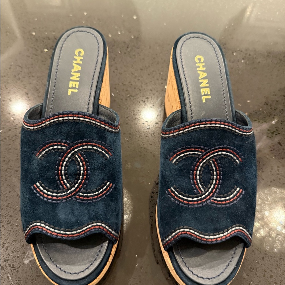Chanel Blue Suede Slide Sandals